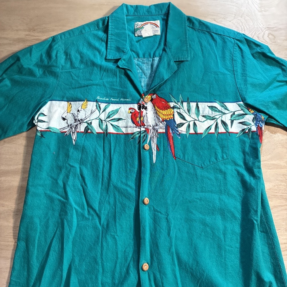 Paradise Found Shirt Mens Green Tropical Hawaiian Macaw Size Large USA Vtg